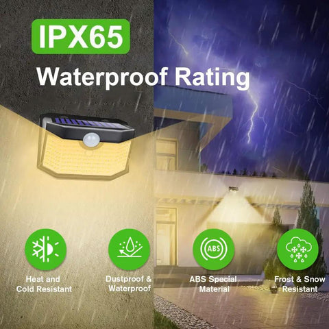 Top Tier 120 Led Solar Outdoor Lights With PIR Motion Sensor And Three Smart Modes For Yard, showcasing waterproof rating IPX65.