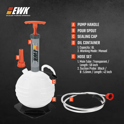 6L Oil Extractor Pump And Flexible Moldable Oil Funnel Kit featuring manual pump, 6L container, and hose for fluid changes.