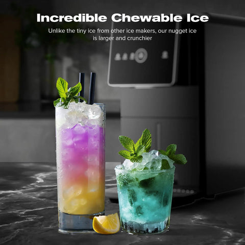 Two colorful drinks with mint and ice made by Chewable Nugget Ice Maker For Home And Office, 33 Lbs Per Day, in a kitchen setting