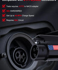 Hassle Free 40 Amp Level Two Electric Vehicle Charger 240v Nema 14-50 Plug showing J1772 connector compatibility and features.