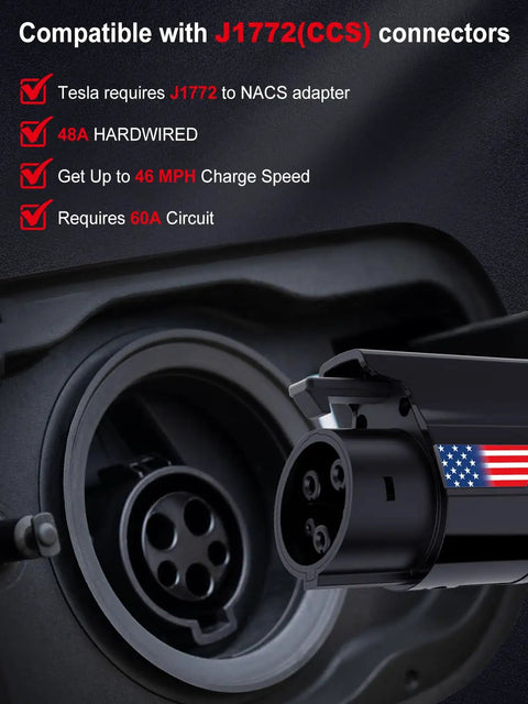 Hassle Free 40 Amp Level Two Electric Vehicle Charger 240v Nema 14-50 Plug showing J1772 connector compatibility and features.