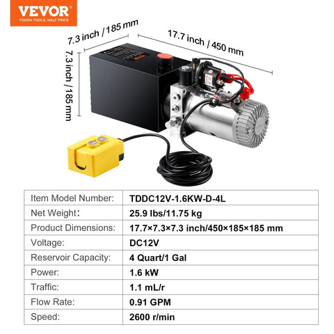 VEVOR hydraulic power unit (4 quart) with black housing, silver motor, and yellow control switch