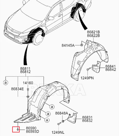 Diagram showing 20Pcs Fender Liner Push Type Retainer Clips Fasteners Set For Hyundai Vehicles Including Accent Elantra Azera