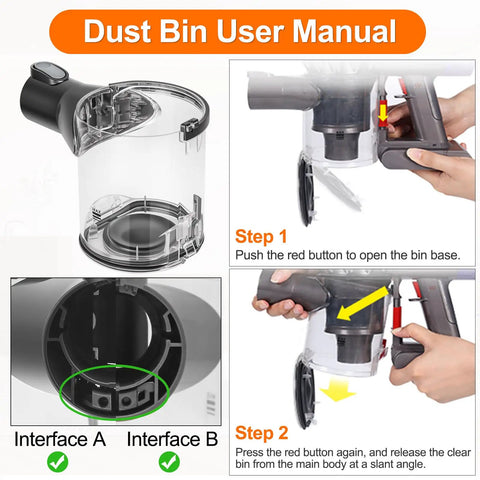 Dyson V6 Replacement Dust Bin For Vacuum Cleaner Interface A And B 965660-01 installation manual and usage steps