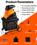 Beast Mode Wood Chipper Shredder For Yard Cleanup With 1800W Motor And 1.77 Inch Cut displayed with accessories and dimensions.