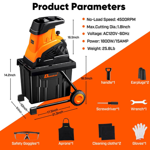 Beast Mode Wood Chipper Shredder For Yard Cleanup With 1800W Motor And 1.77 Inch Cut displayed with accessories and dimensions.