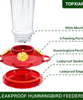 Detail view of 2 Pack 14 Ounce Plastic Hummingbird Feeders With Ant Moat And Bee Guard For Outdoors showing red base components.