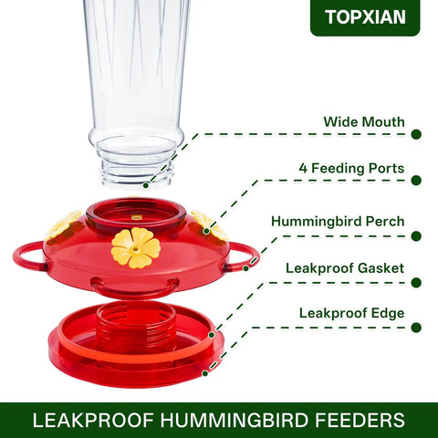 Detail view of 2 Pack 14 Ounce Plastic Hummingbird Feeders With Ant Moat And Bee Guard For Outdoors showing red base components.