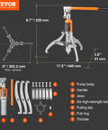 Hydraulic Gear Puller Kit With 5 Ton Capacity And 8 Inch Jaw, 2 Or 3 Jaws, Vertical And Horizontal Pull, with labeled parts.