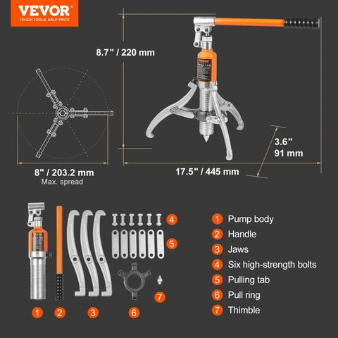 Hydraulic Gear Puller Kit With 5 Ton Capacity And 8 Inch Jaw, 2 Or 3 Jaws, Vertical And Horizontal Pull, with labeled parts.