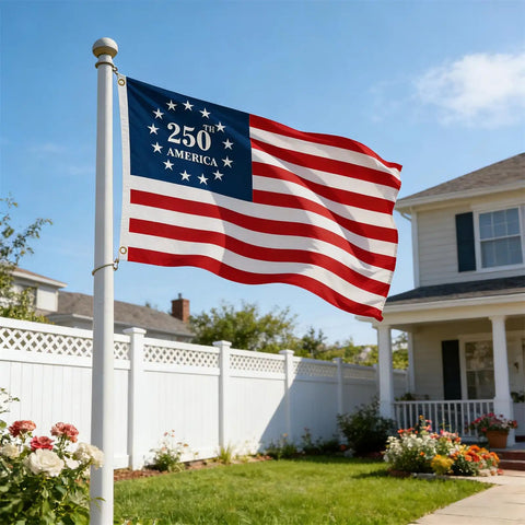 Double Sided 3 Ply 250th Anniversary American Flag 3 By 5 Feet waving on an outdoor flagpole in a residential garden