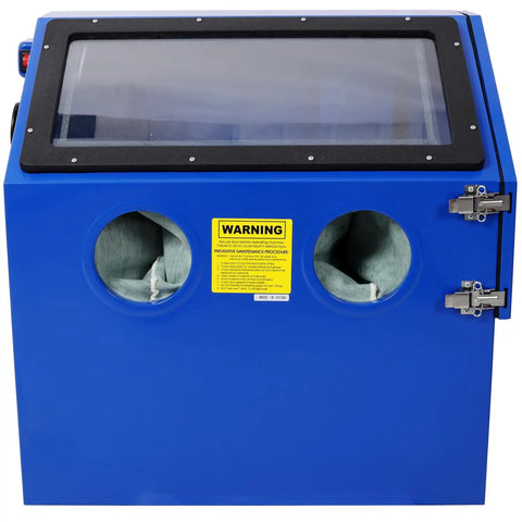 Rugged 110L Bench Top Sandblast Cabinet With Built In Gloves And LED Lighting Blue Heavy Duty Steel Construction, front view