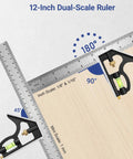 Job Site Ready 12 Inch Combination Square And Adjustable Carpenter Square With Heavy Duty Stainless Steel Blade, Cast Aluminum Head, Integrated Bubble Level And Scriber showing 90 and 45 degree angles on wood.