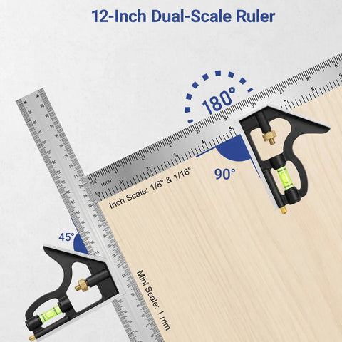Job Site Ready 12 Inch Combination Square And Adjustable Carpenter Square With Heavy Duty Stainless Steel Blade, Cast Aluminum Head, Integrated Bubble Level And Scriber showing 90 and 45 degree angles on wood.