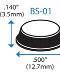 Front view: Clear polyurethane rubber feet, cylindrical flat-top, self-adhesive, 0.500 dia × 0.140 tall, BS-01, 50-pack
