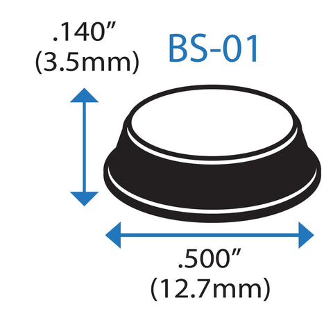 Front view: Clear polyurethane rubber feet, cylindrical flat-top, self-adhesive, 0.500 dia × 0.140 tall, BS-01, 50-pack