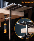 Beefy Quick Screw Down Guide Rail Clamps for MFT Tables and Track Saw Guide Rails in use, 5-3/8 Inch Opening, 2-3/8 Inch Throat Depth