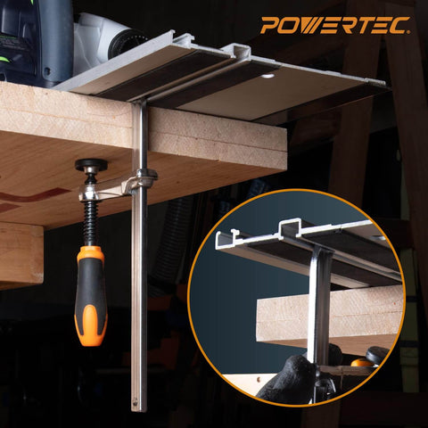 Beefy Quick Screw Down Guide Rail Clamps for MFT Tables and Track Saw Guide Rails in use, 5-3/8 Inch Opening, 2-3/8 Inch Throat Depth