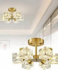 Antique Brass Sputnik Chandelier With Clear Crystal Orbs, Modern Brushed Gold Finish, 6 Light Flush Mount Ceiling Fixture