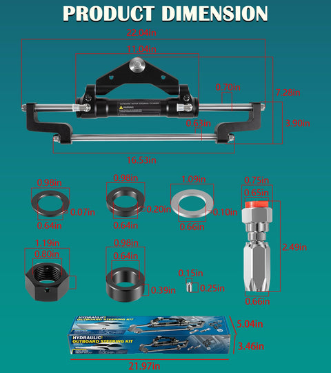 Front Mount Outboard Hydraulic Steering Cylinder Kit With Two Way Lock Valve And ORB Fittings For 300HP Outboard Powered Boats Dockside Ready, Fits Center Console Bass Flats Offshore Cruisers And More Max Working Pressure 1500 PSI