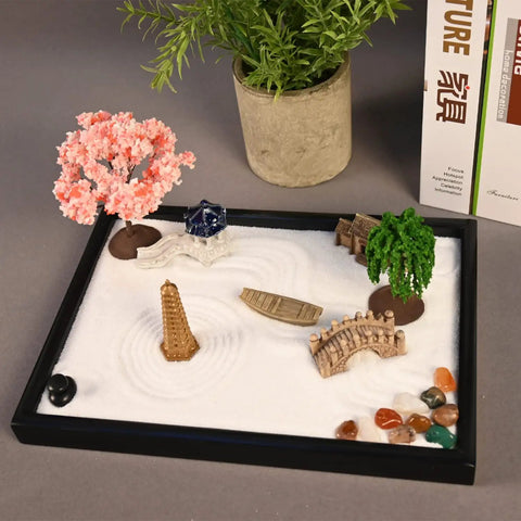 Mini Zen Garden Kit With White Sand, 10 By 7 Inch Rectangular Tray And Meditation Accessories setup with plants and stones