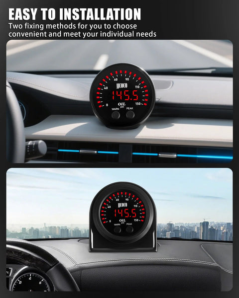 digital oil pressure gauge kit with 0-150 PSI range installed on car dashboard showing 145.5 PSI with easy mounting options