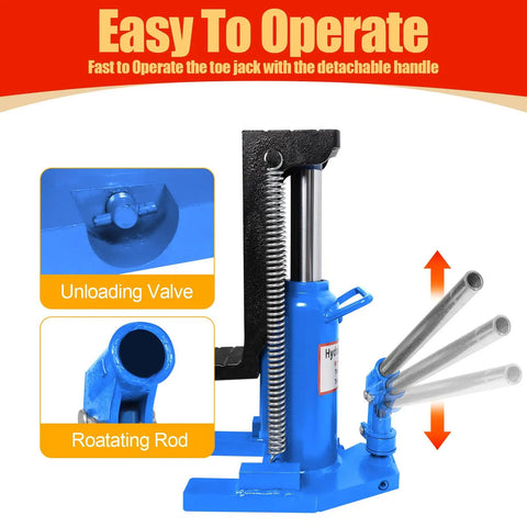 Heavy Duty Hydraulic Toe Jack Heavy Hitter Machine Lift Built Like A Tank With Heat Treated Steel 20 Ton Capacity close-up of unloading valve and rotating rod.