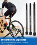 Cyclist using a bike trainer with 12x142 Thru Axle Adapter for Wahoo KICKR SNAP Bike Trainer, showing aluminum alloy construction and adapters