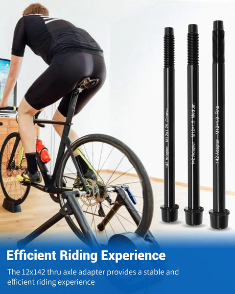 Cyclist using a bike trainer with 12x142 Thru Axle Adapter for Wahoo KICKR SNAP Bike Trainer, showing aluminum alloy construction and adapters
