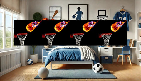 Basketball Room Decor Poster For Boys Wall Art With Dope Game Day Vibe Durable Vinyl Print Ideal For Sports Fans Bedroom Or Playroom Decoration That Brings Color Energy And Long Lasting Style, featuring flaming basketballs and hoops.