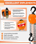 Orange handheld chain hoist with steel chain and heavy-duty hook, front view.