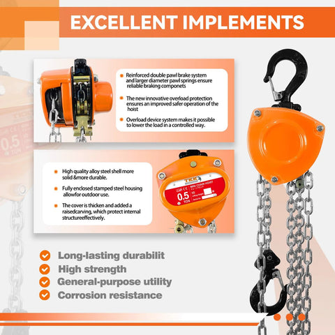 Orange handheld chain hoist with steel chain and heavy-duty hook, front view.