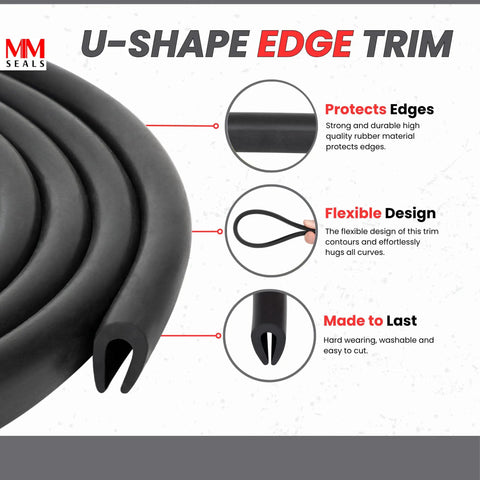 Black U Channel Edge Trim Seal EPDM 33/64 Inch High By 11/32 Inch Wide, rolled view with protective edge design features