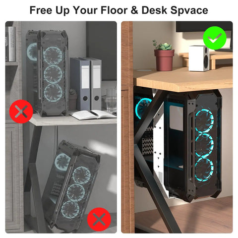 Slick Under Desk PC Mount Bracket For Computer Tower Case Holder White Adjustable Frame Fits Most Desktop Rigs mounted neatly under desk.