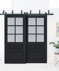 Interior Barn Sliding Door Kit With Frosted Glass Panels And Solid Wood Frames 72X96 view of black bypass doors with hardware.