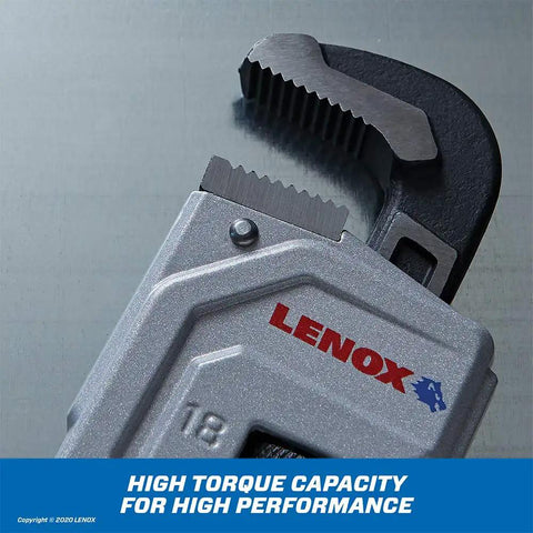 Close-up of Ultralight Aluminum Pipe Wrench 18 Inch Pro Grade With Forged Wide Jaws, High Torque, I Beam Design, Quick Bite Teeth.