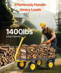 Worker using Heavy Duty 1400 Lb Steel Garden Cart With 2 In 1 Utility Wagon All Terrain 13 Inch Tires for moving logs