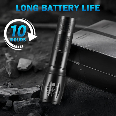 Beefy Six Pack LED Flashlights With High Lumens, 5 Mode Tactical Beam shown with long battery life indication.