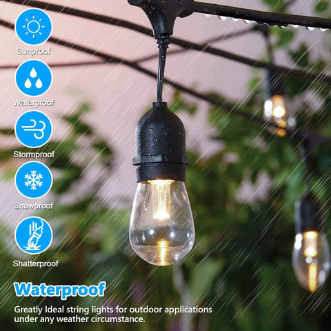Triple Color Dimmable LED Outdoor String Lights For Patio with Remotes 48 Ft Waterproof lights in rain with lit bulb close-up.