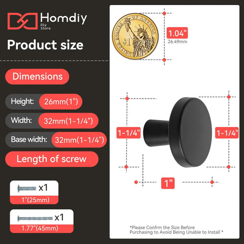 Black Round Matte Cabinet Knobs Dope Set With Zinc Alloy Metal Hardware dimensions and screws details image