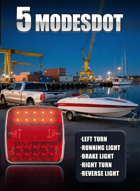 Front view of OOGKA wireless magnetic trailer light kit; red square LED tail light with battery level display.