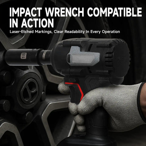 Person using 72 Piece Impact Socket Set Three Eighths Inch Drive With Six Point Deep Sockets SAE And Metric on car wheel