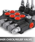 Three-spool hydraulic control valve, black body with red port plugs and metal fittings