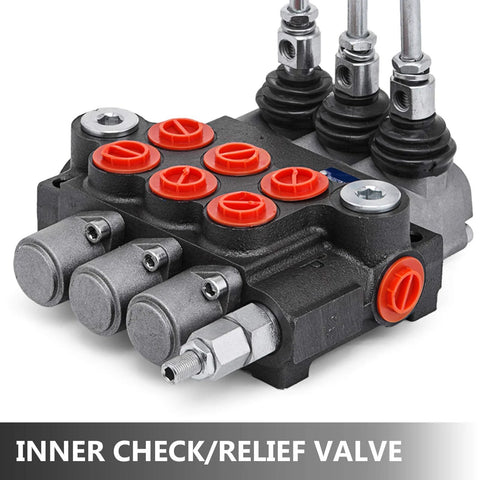 Three-spool hydraulic control valve, black body with red port plugs and metal fittings