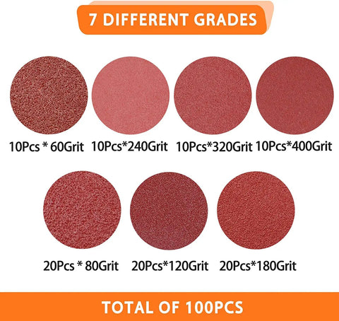Image showing 7 sanding discs of different grits in 100 Piece 5 Inch Sanding Discs Set With 8 Hole Hook And Loop, Assorted Grits 60-400.