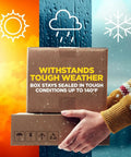 Person holding boxes in various weather, highlighting clear heavy duty packing tape with dispenser, 1.88 inch by 800 inch per roll.