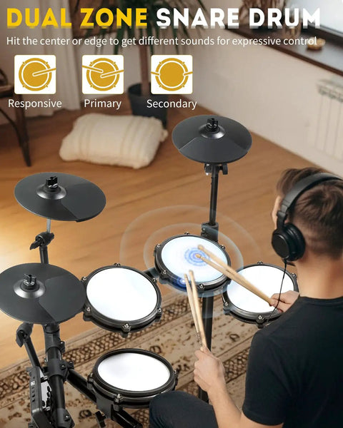 Person playing Electric Drum Set With USB MIDI Dual Power Modes Dual Zone Triggering 64 Polyphony 225 Authentic Sounds