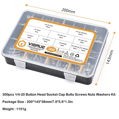VIGRUE 300-piece stainless steel 1/4-20 hex button head cap screws set with nuts and washers in plastic case