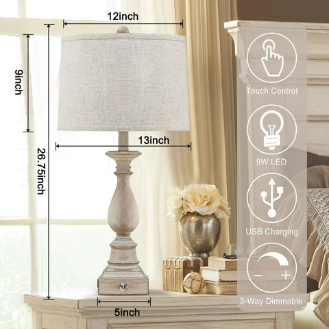 Set Of 2 Farmhouse Style Bedside Lamps With USB Ports, Rustic Linen Shade, Vintage 3 Way Dimmable Touch Nightstand Lights, 26.75 Inch Tall