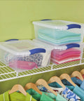 Four Pack 15 Quart Storage Bins With Hella Sturdy Snap Tops And Crystal Clear Lids Stackable Plastic Totes for closet shelf stacking.